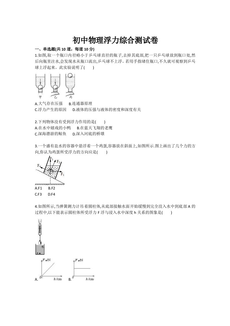 初中物理浮力综合测试卷