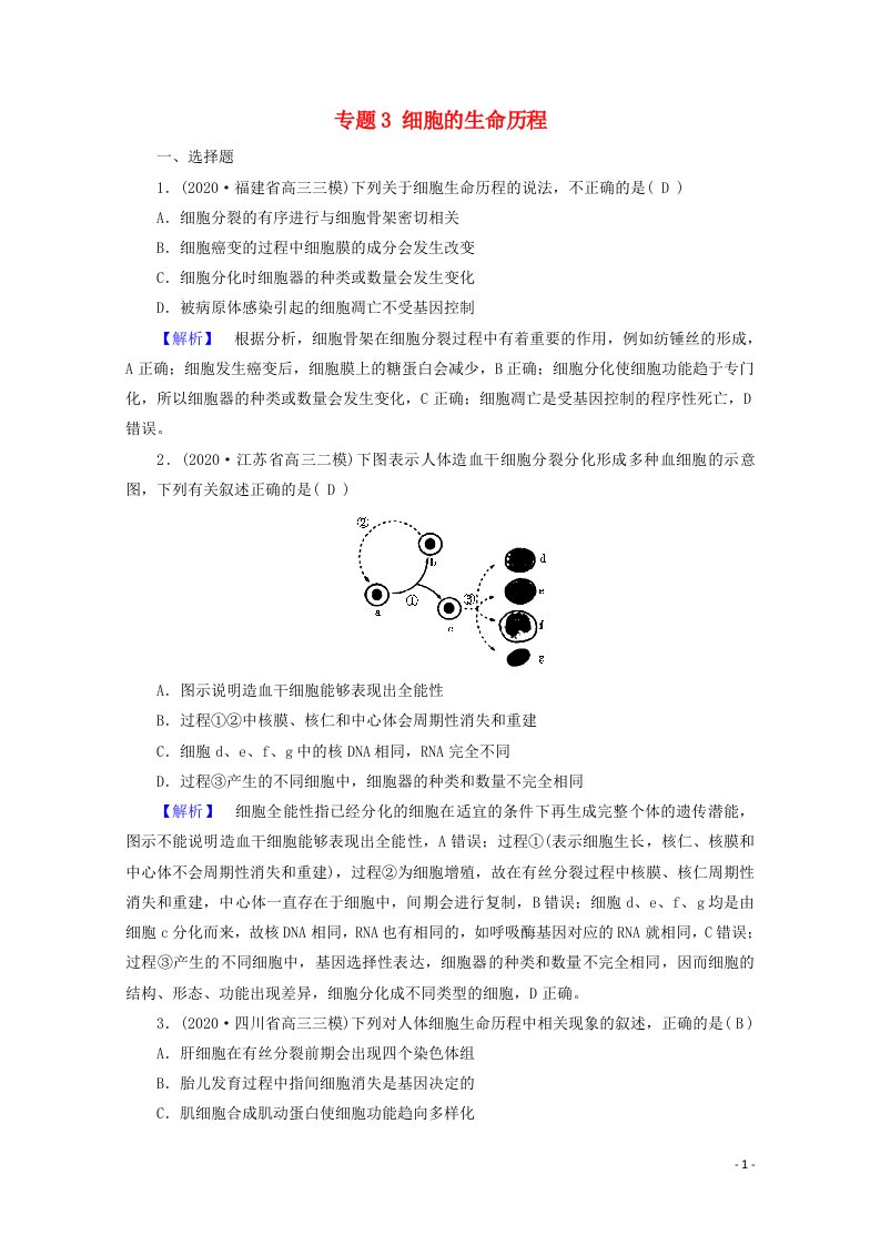 2021届高考生物二轮复习专题3细胞的生命历程高考模拟训练含解析新人教版