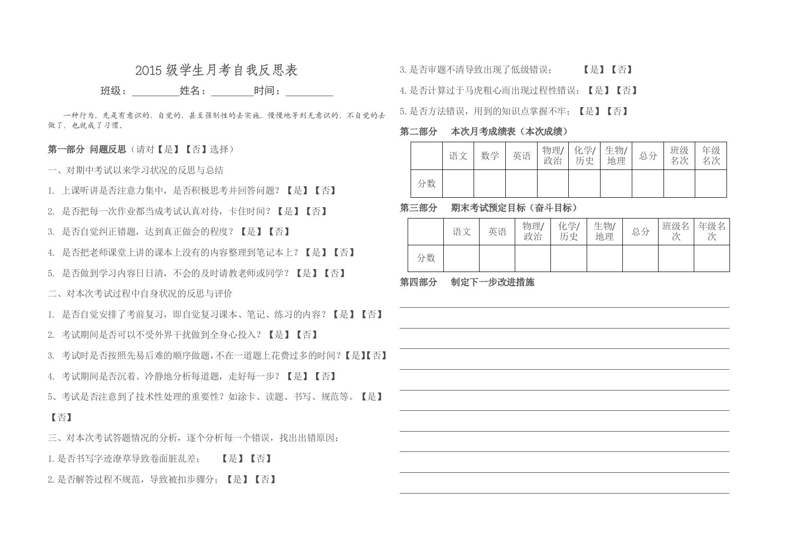 2015级学生考试自我反思表