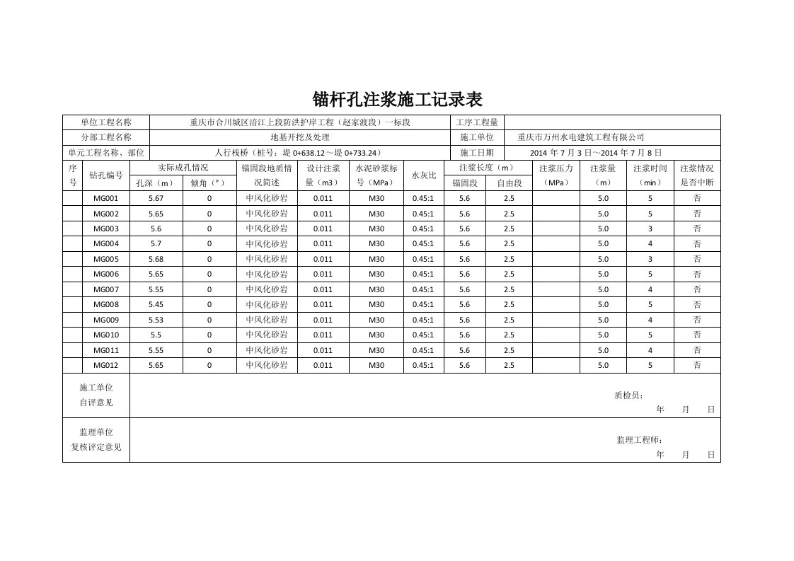 建筑资料-锚杆孔注浆施工记录表0