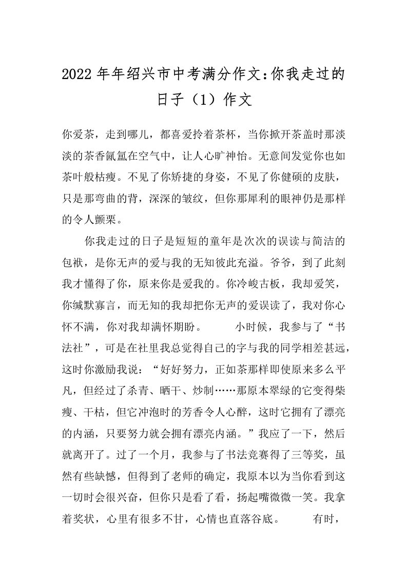 2022年年绍兴市中考满分作文：你我走过的日子（1）作文