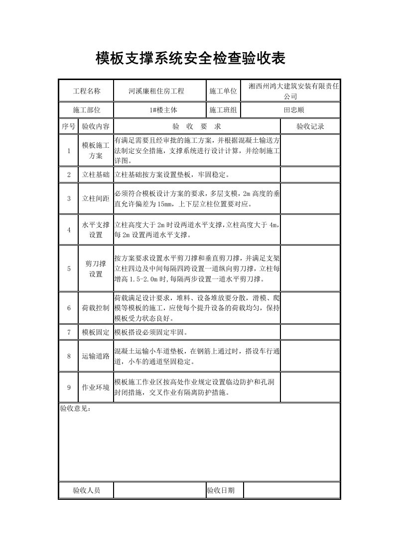 模板支撑系统安全检查验收表