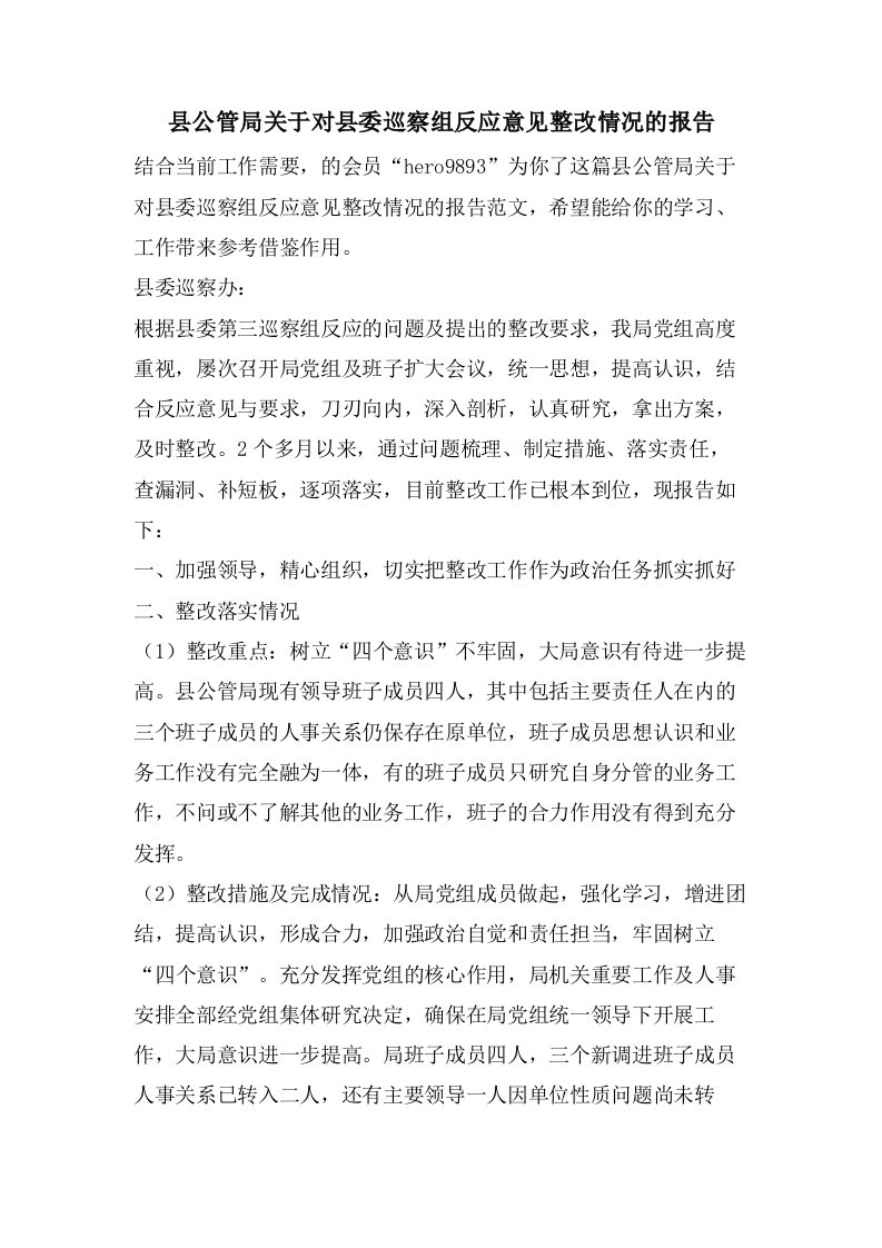 县公管局关于对县委巡察组反馈意见整改情况的报告