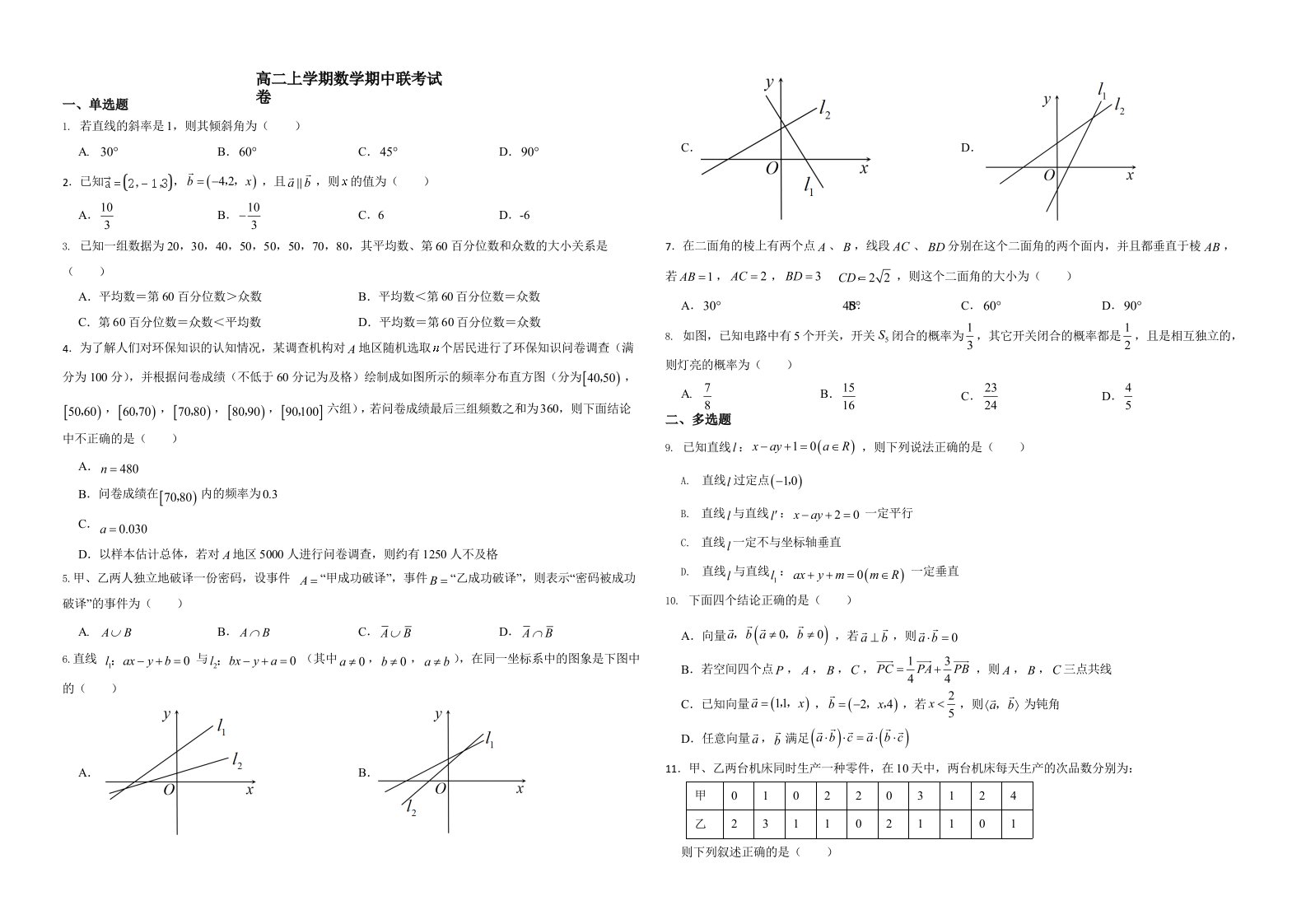 浙江省杭州市高二上学期数学期中联考试卷解析版