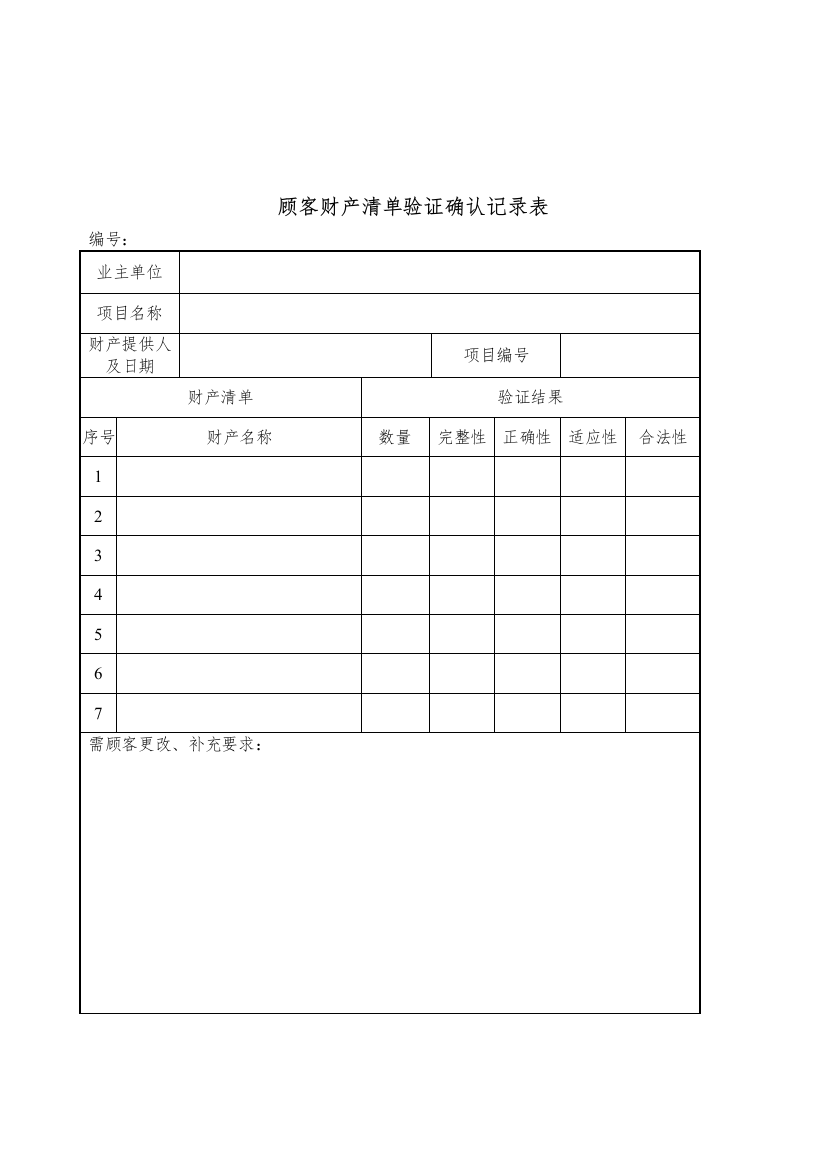 顾客财产清单验证确认记录表