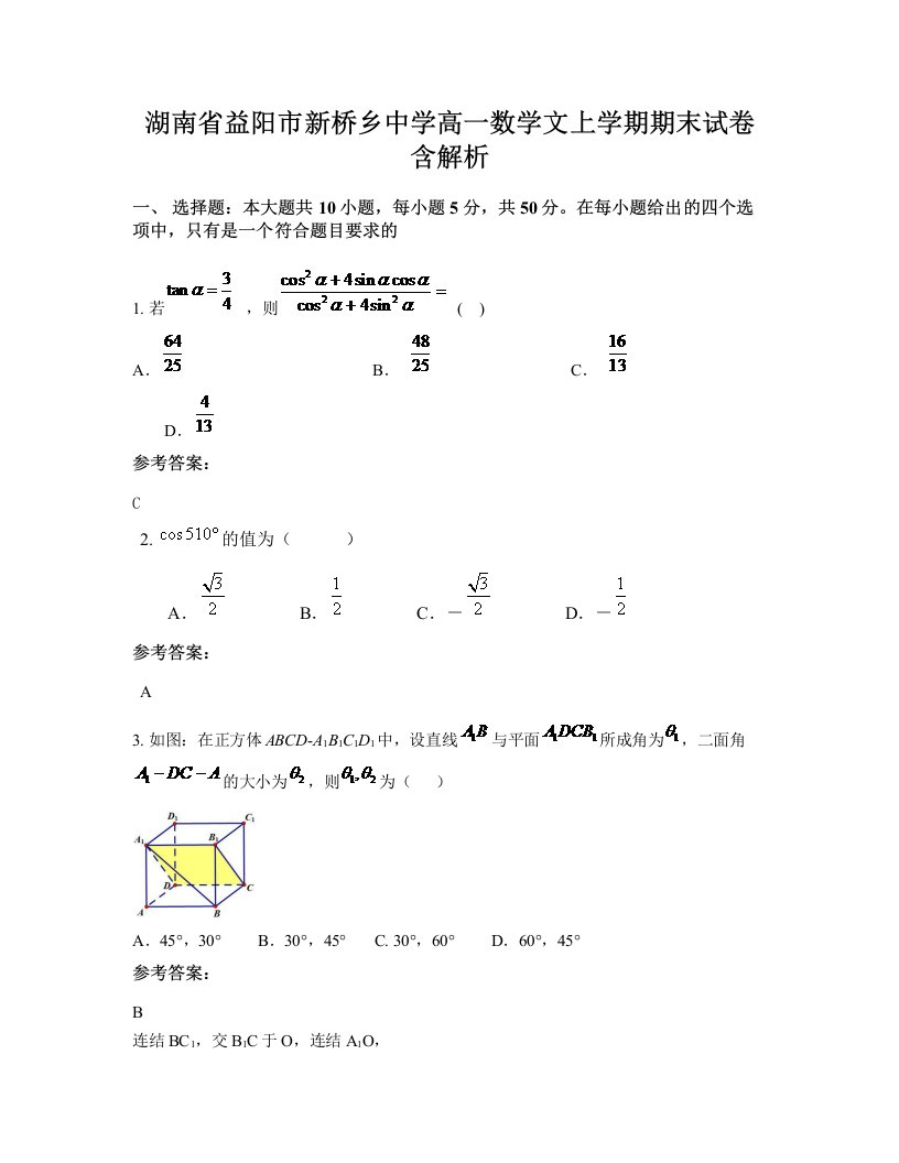 湖南省益阳市新桥乡中学高一数学文上学期期末试卷含解析