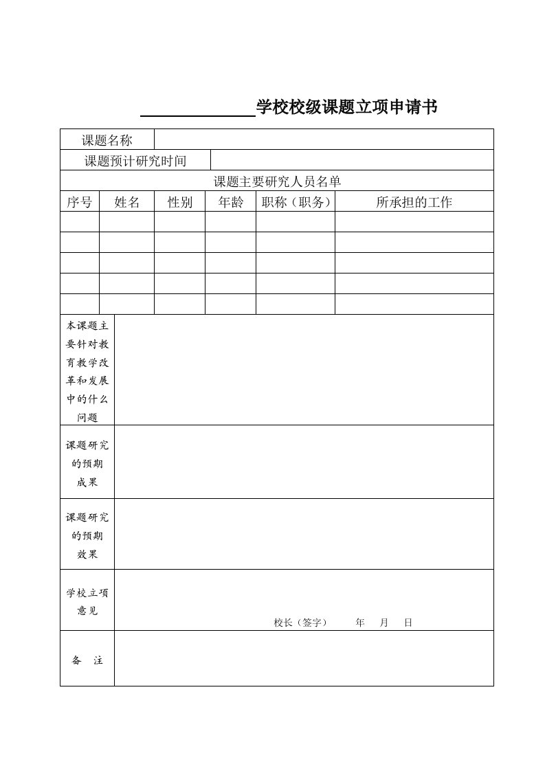 学校校级课题立项申请书、结题鉴定书