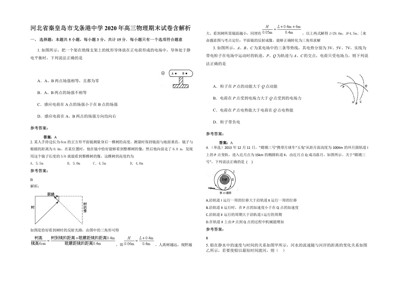 河北省秦皇岛市戈条港中学2020年高三物理期末试卷含解析