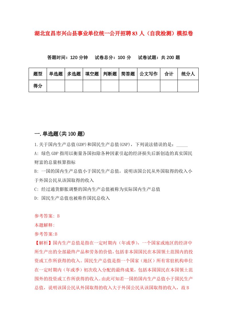 湖北宜昌市兴山县事业单位统一公开招聘83人自我检测模拟卷第1版