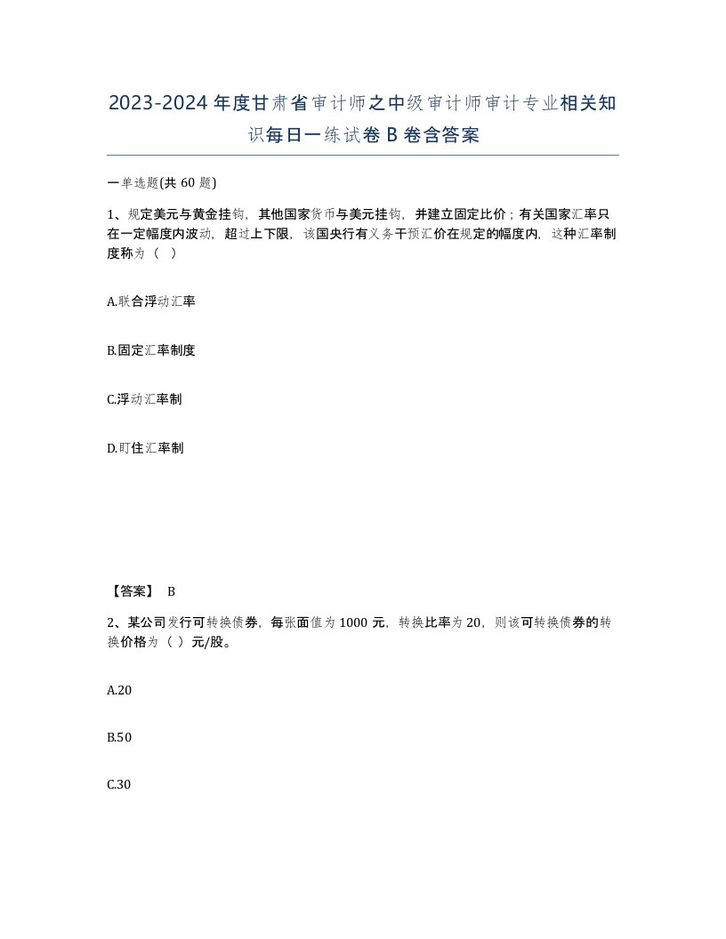 2023-2024年度甘肃省审计师之中级审计师审计专业相关知识每日一练试卷B卷含答案