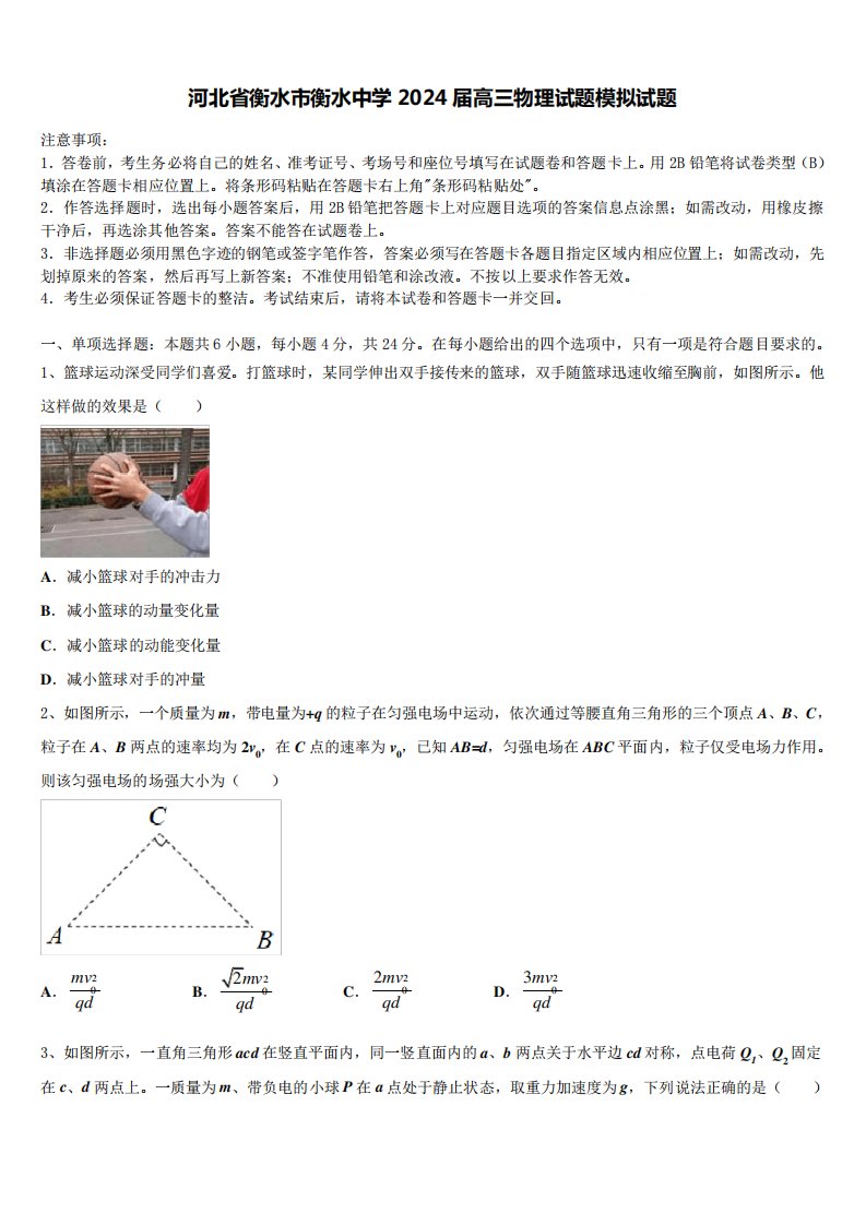 河北省衡水市衡水中学2024届高三物理试题模拟试题