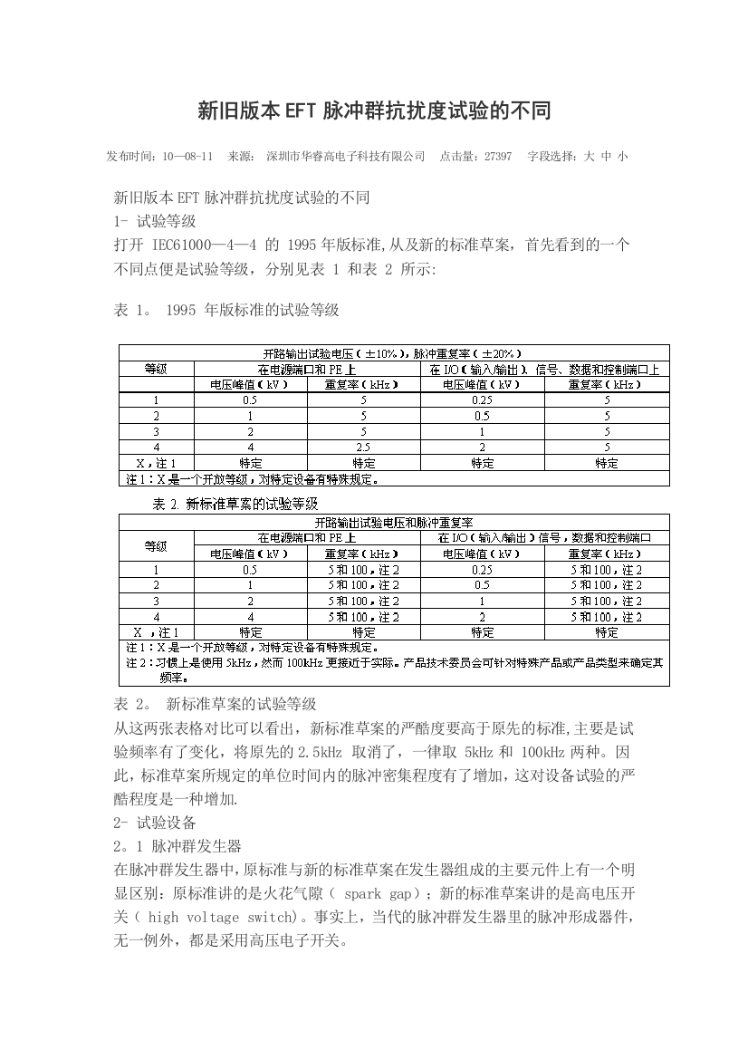 新旧版本EFT脉冲群抗扰度试验的不同