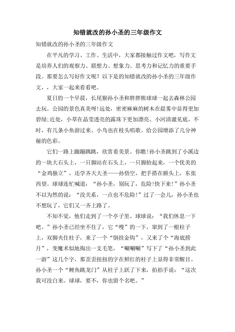 知错就改的孙小圣的三年级作文