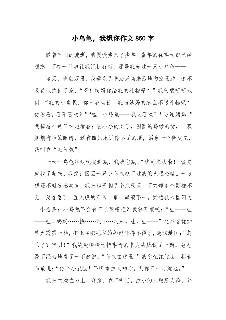 小乌龟，我想你作文850字