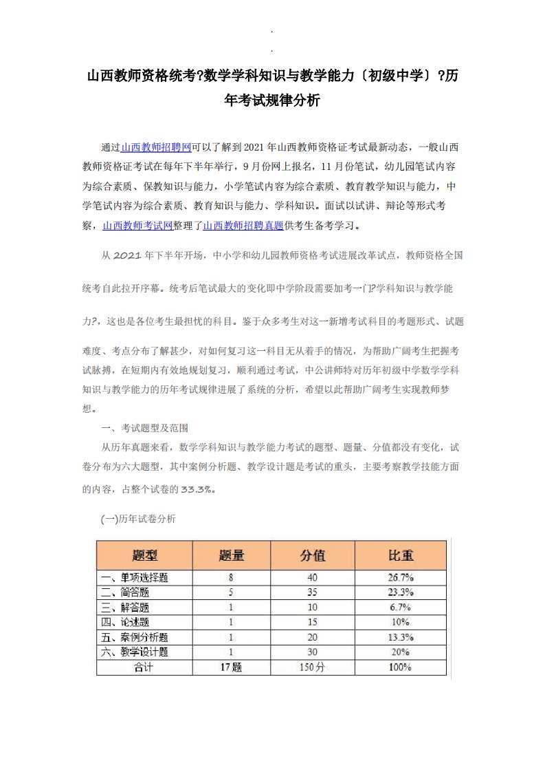 整理山西教师资格统考《数学学科知识与教学能力(初级中学)》历年考试规律分析