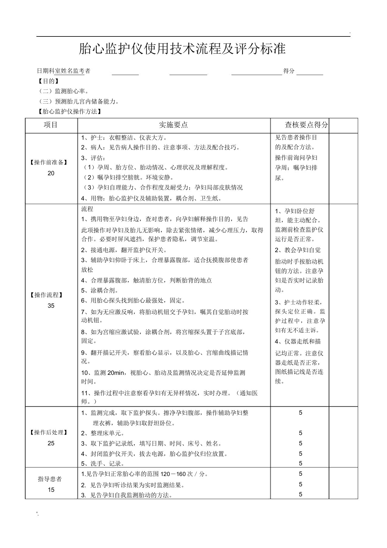 胎心监护仪使用操作评分