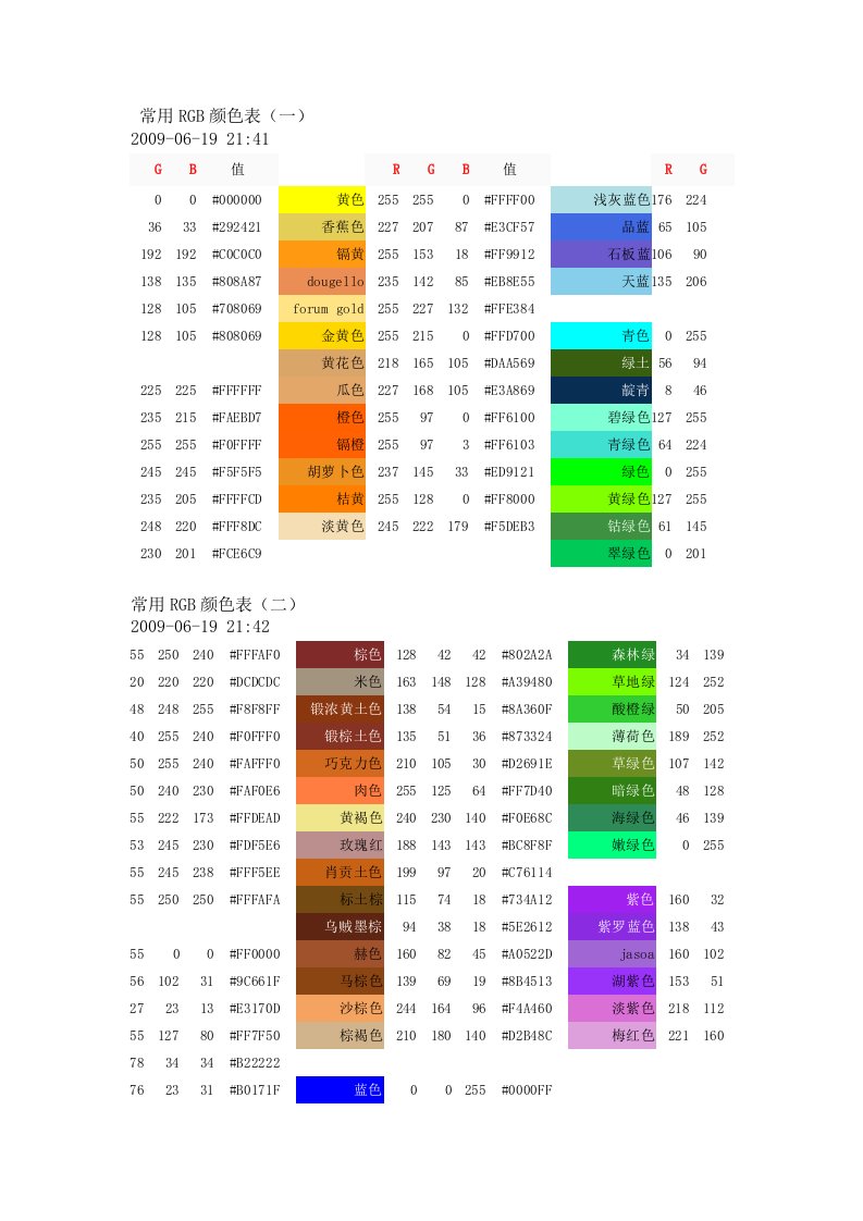 常用颜色的RGB值