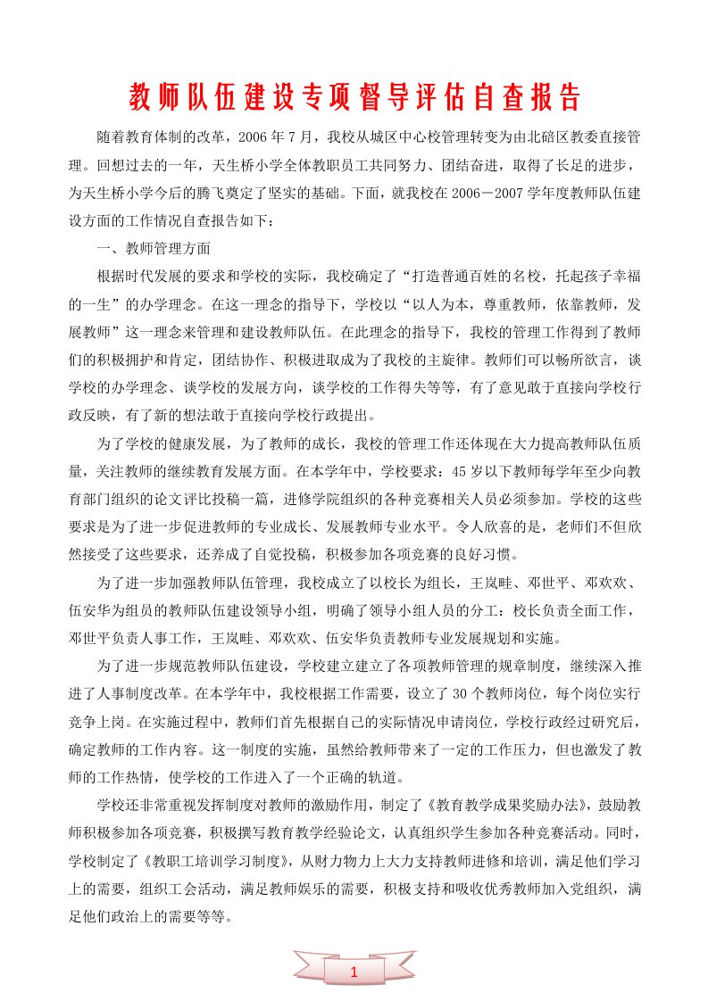 教师队伍建设专项督导评估自查报告