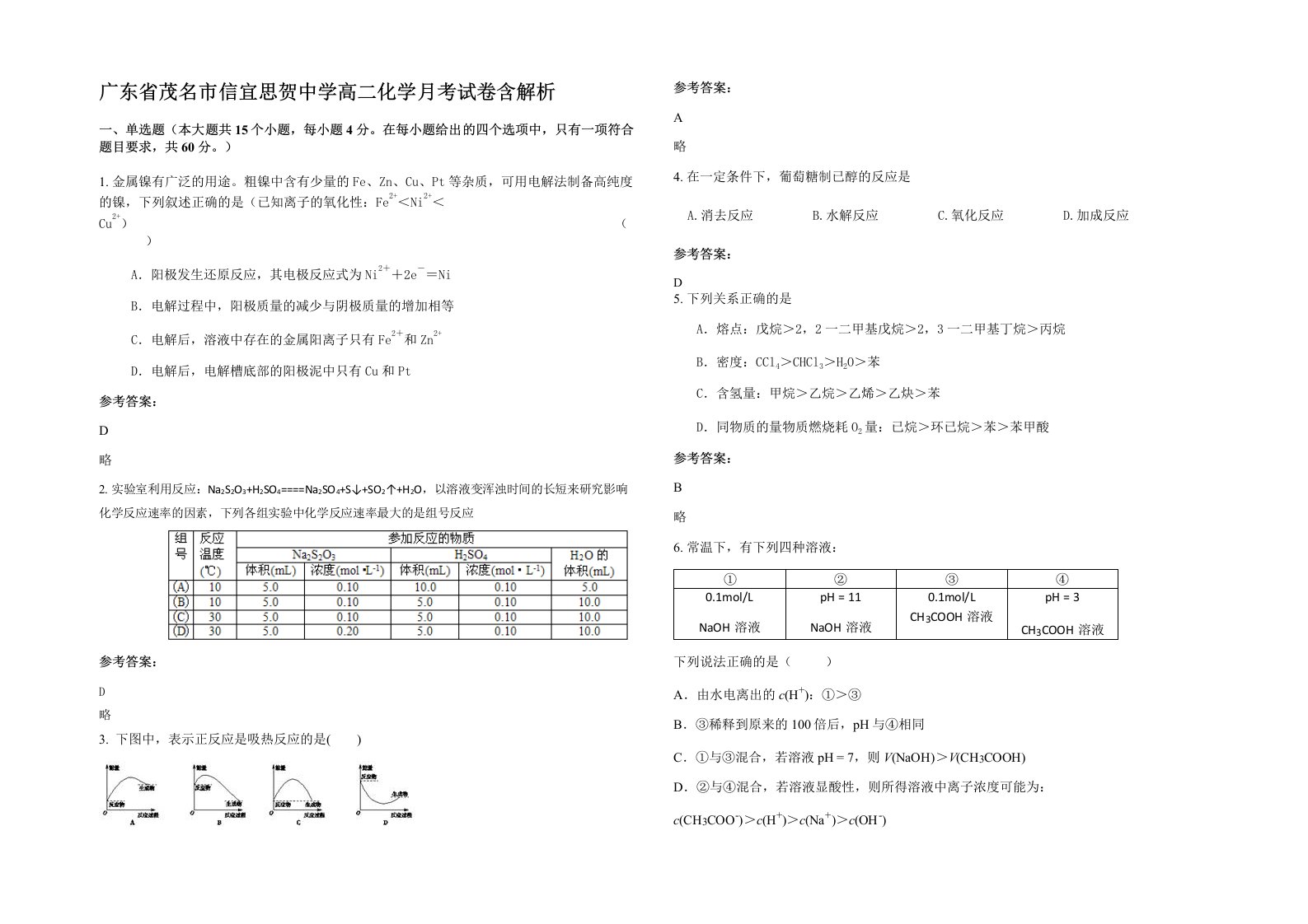 广东省茂名市信宜思贺中学高二化学月考试卷含解析