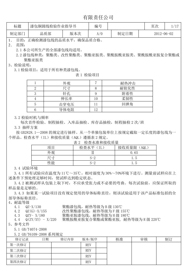 漆包线检验作业指导书2012年