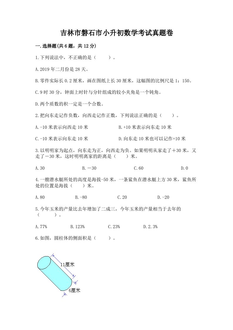 吉林市磐石市小升初数学考试真题卷及答案1套