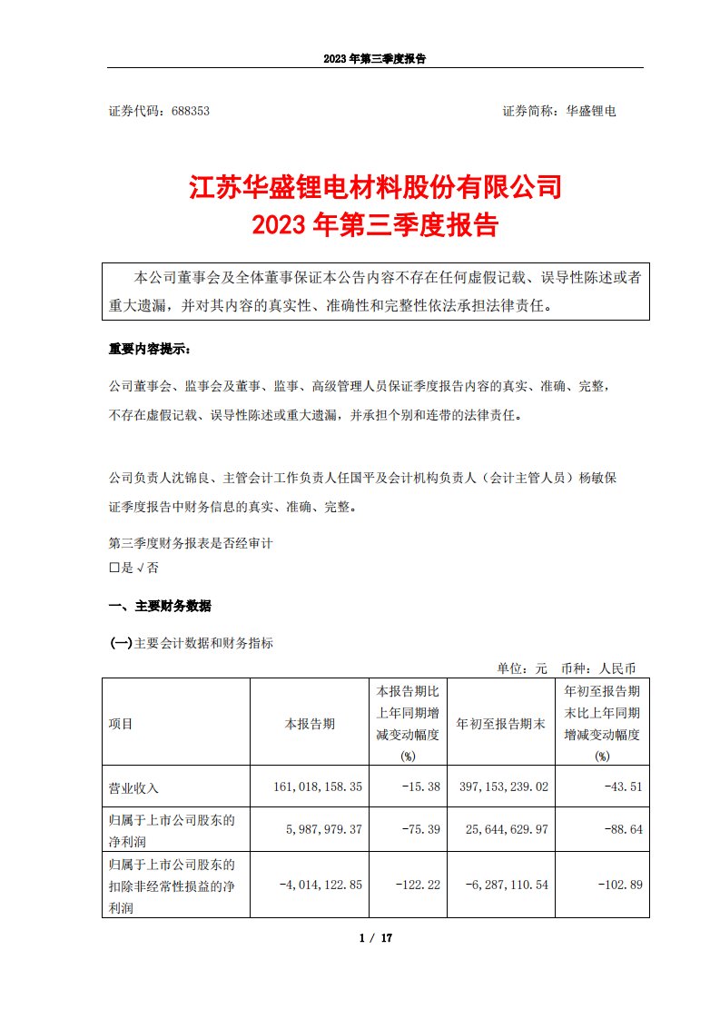 上交所-江苏华盛锂电材料股份有限公司2023年第三季度报告-20231024