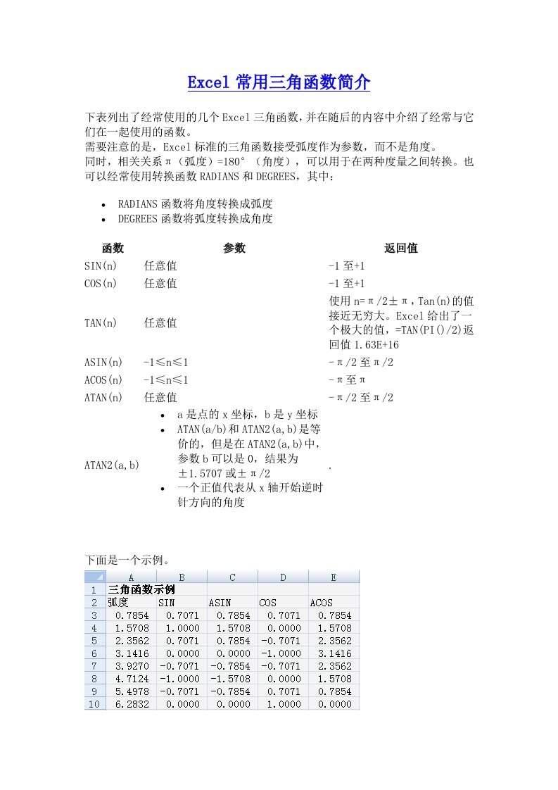 Excel常用三角函数简介