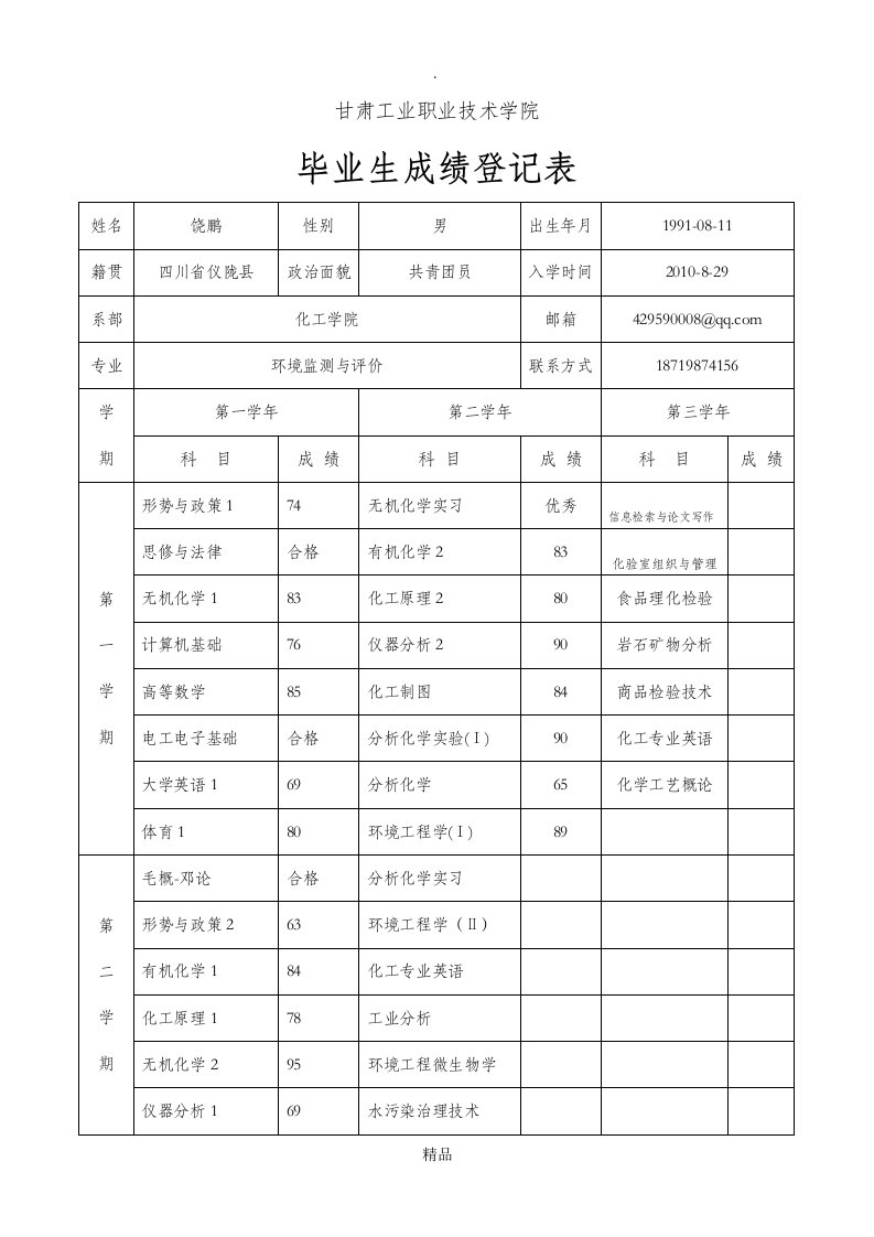 毕业生成绩登记表