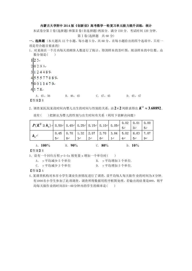 高考数学一轮复习单元能力提升训练：统计（含答案）