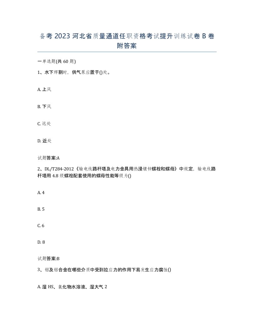 备考2023河北省质量通道任职资格考试提升训练试卷B卷附答案