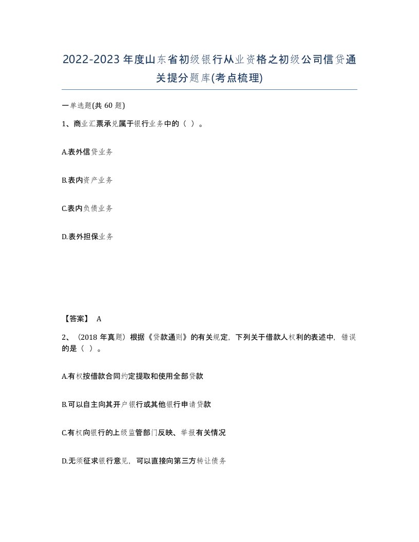 2022-2023年度山东省初级银行从业资格之初级公司信贷通关提分题库考点梳理