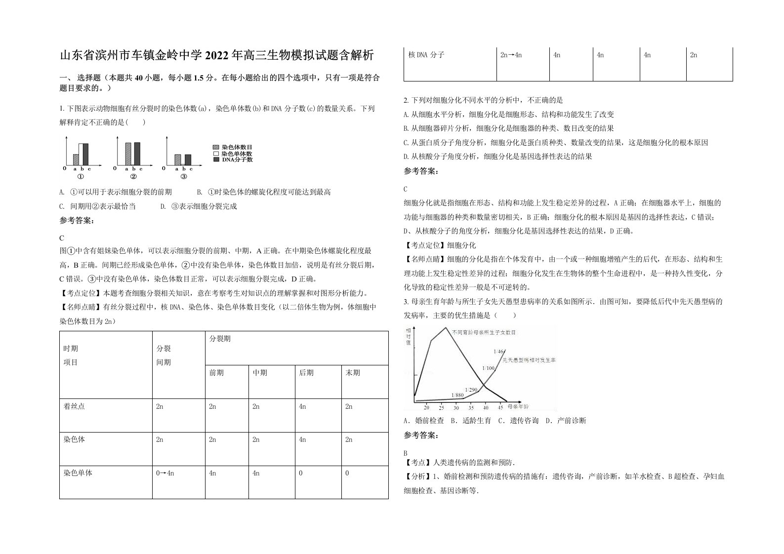 山东省滨州市车镇金岭中学2022年高三生物模拟试题含解析