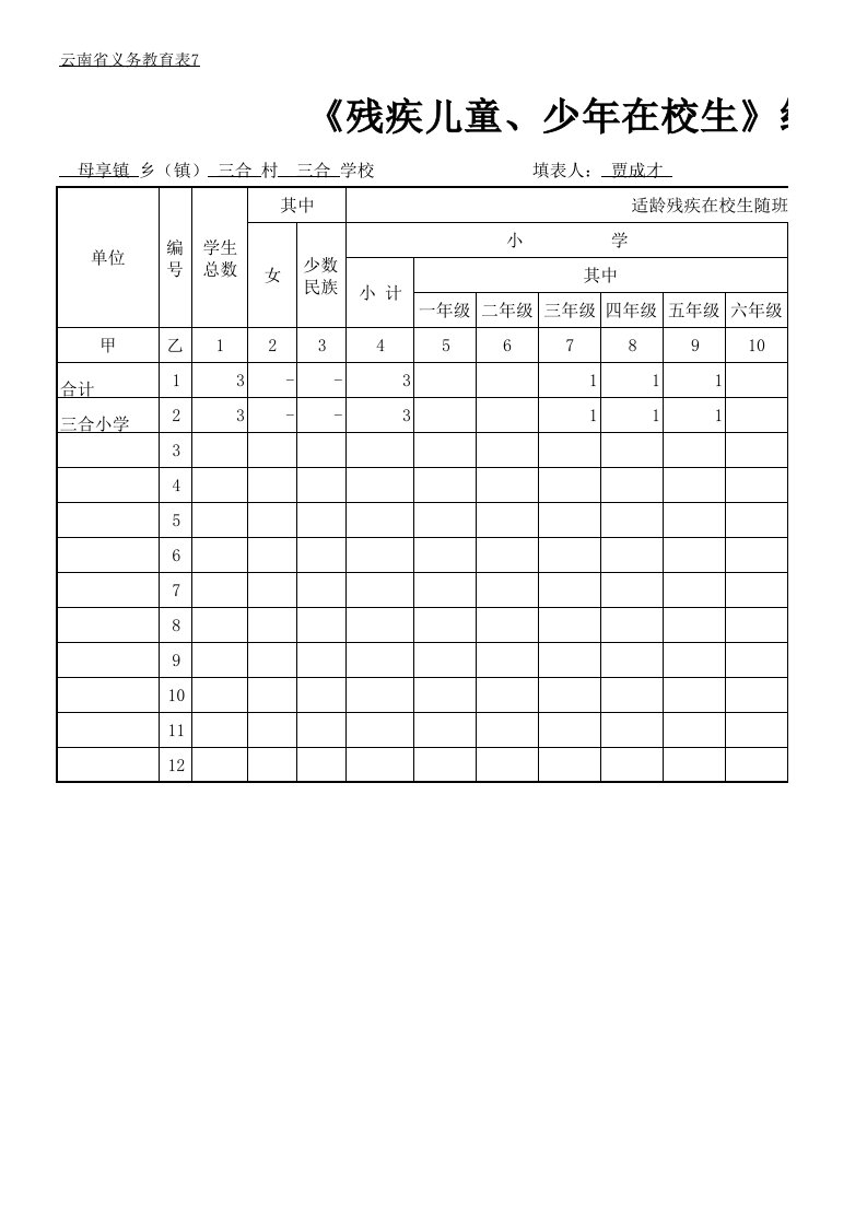 表7残疾儿童、少年在校学生名册