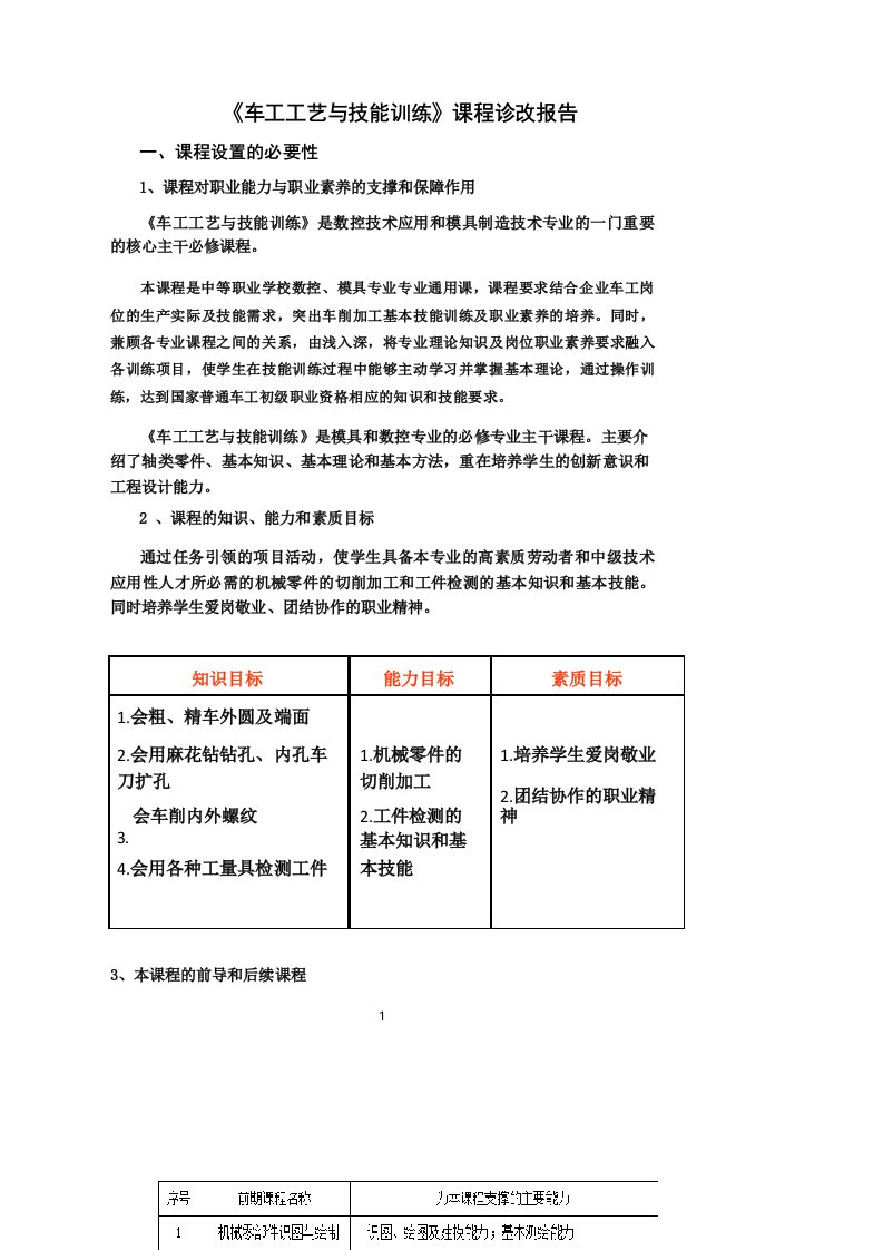 车工工艺与技能训练课程诊改报告