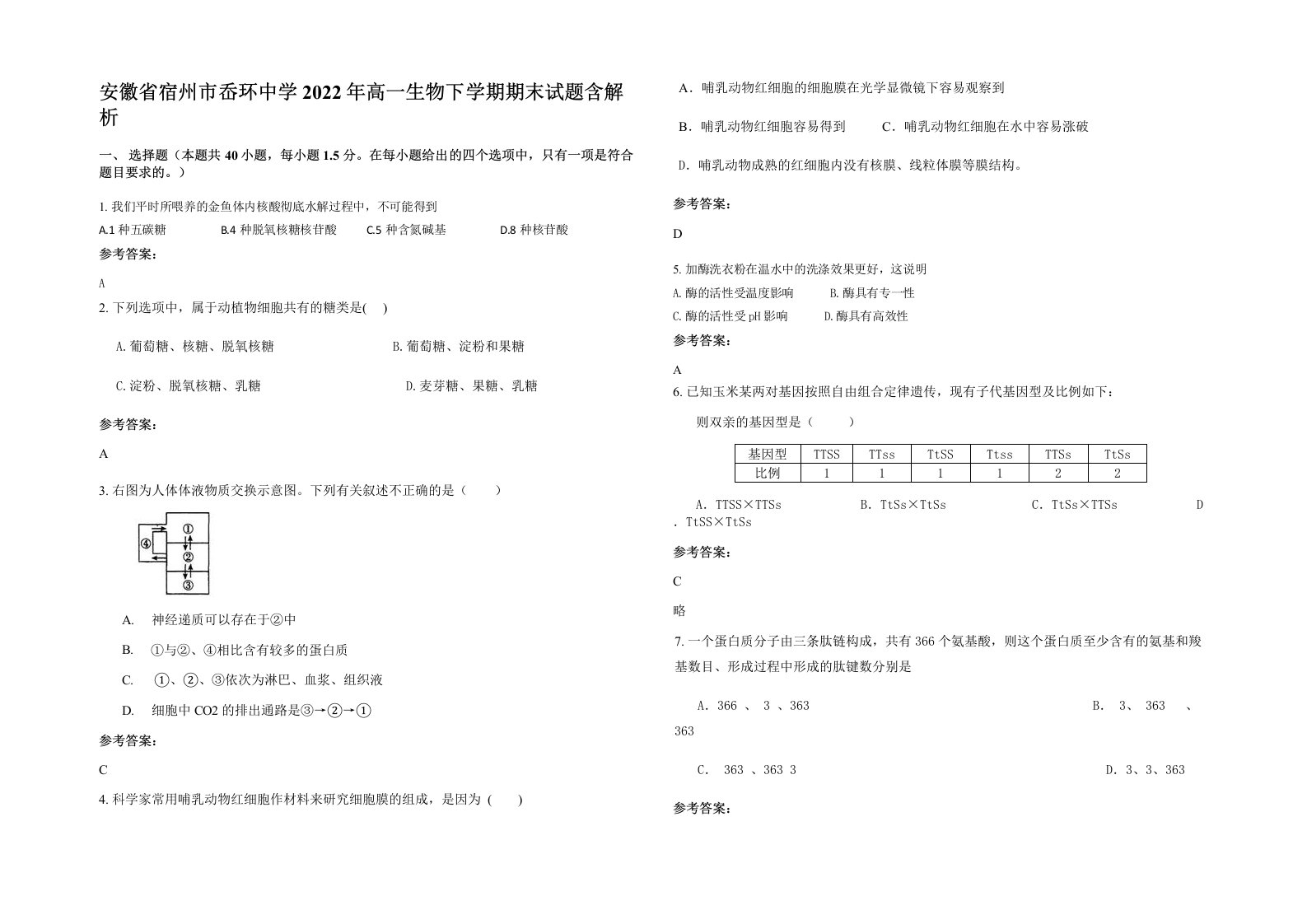 安徽省宿州市岙环中学2022年高一生物下学期期末试题含解析