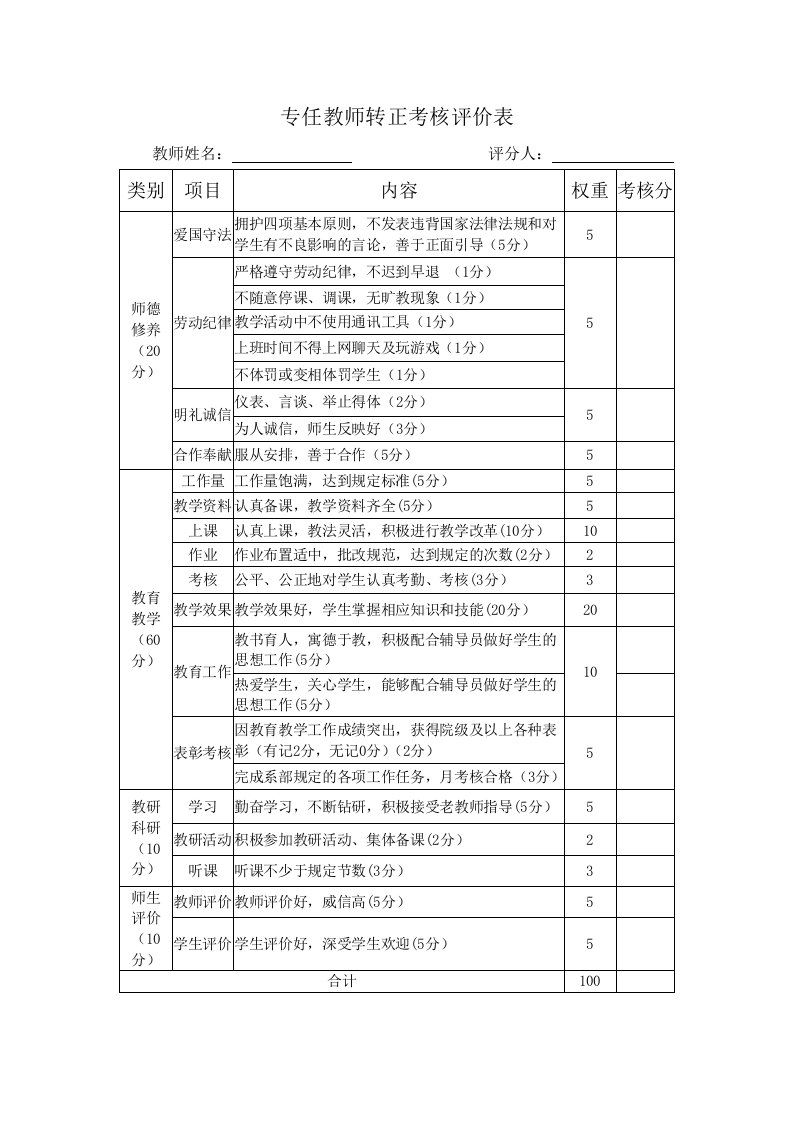 专任教师转正考核评价表