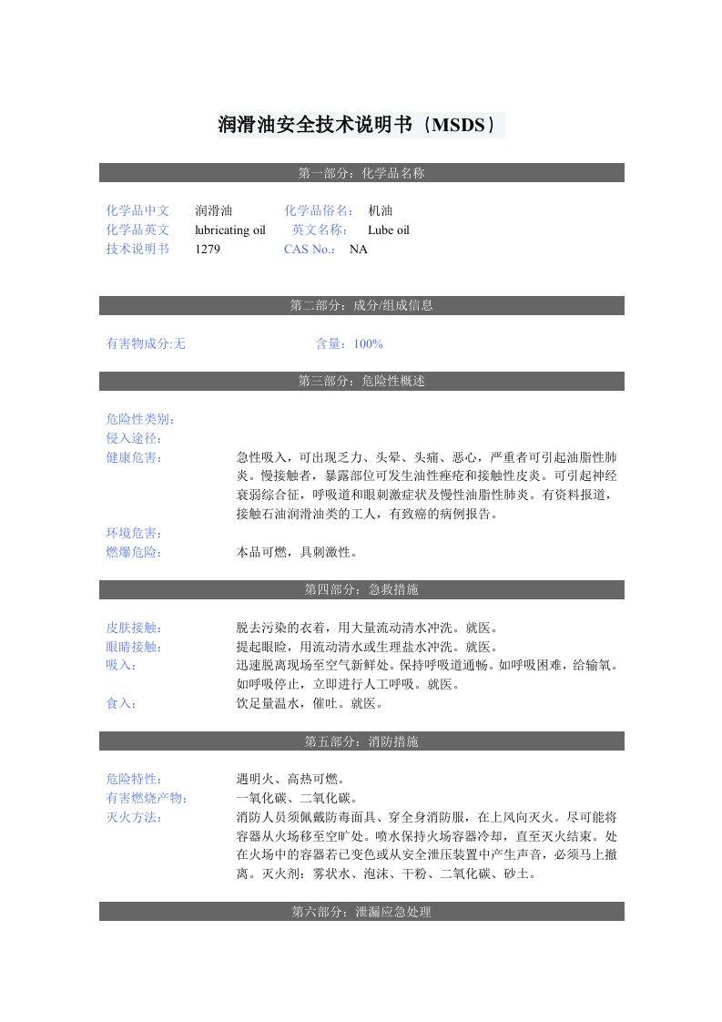 润滑油安全技术说明书(MSDS)