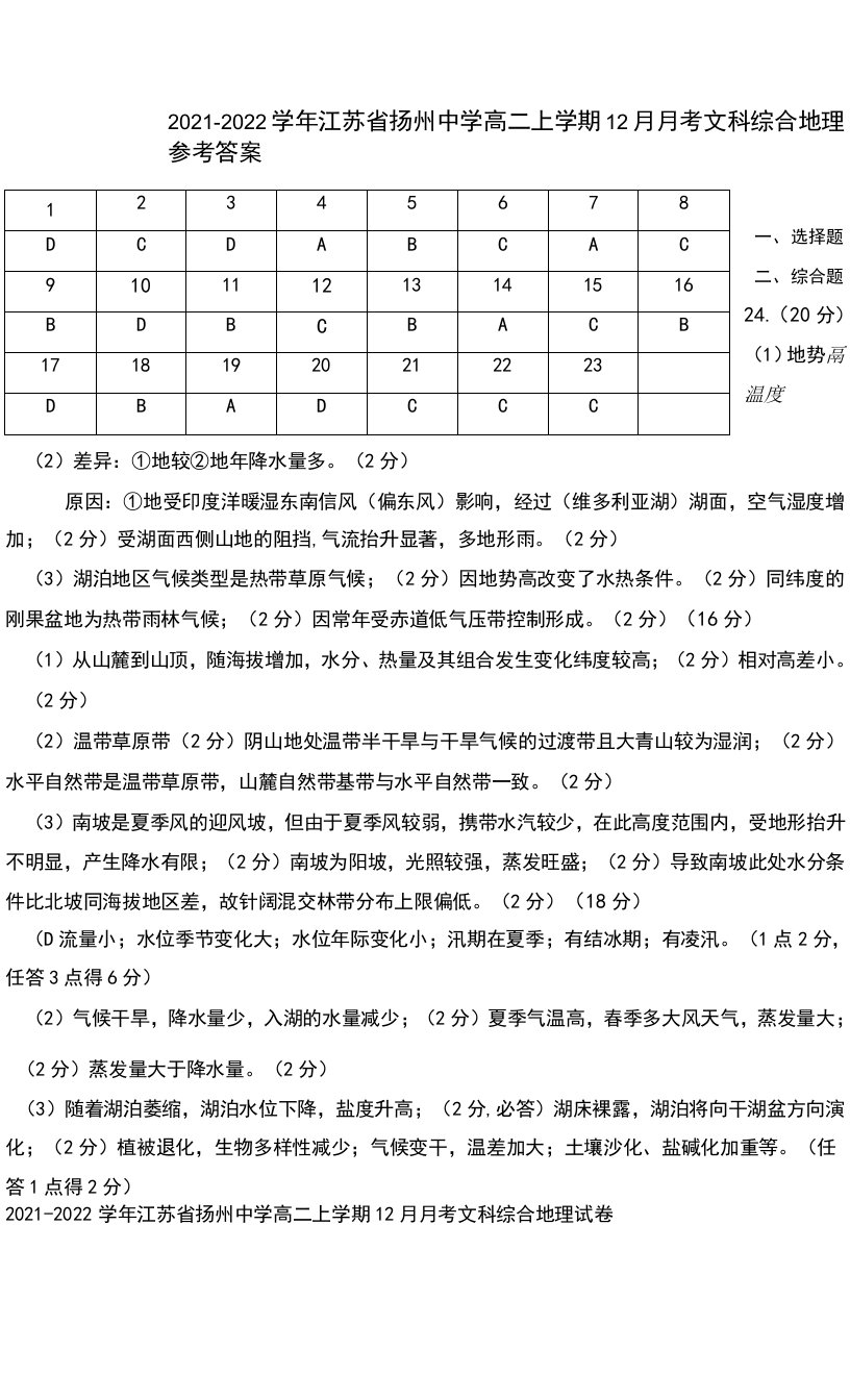 2021-2022学年江苏省扬州中学高二上学期12月月考文科综合地理试卷答案