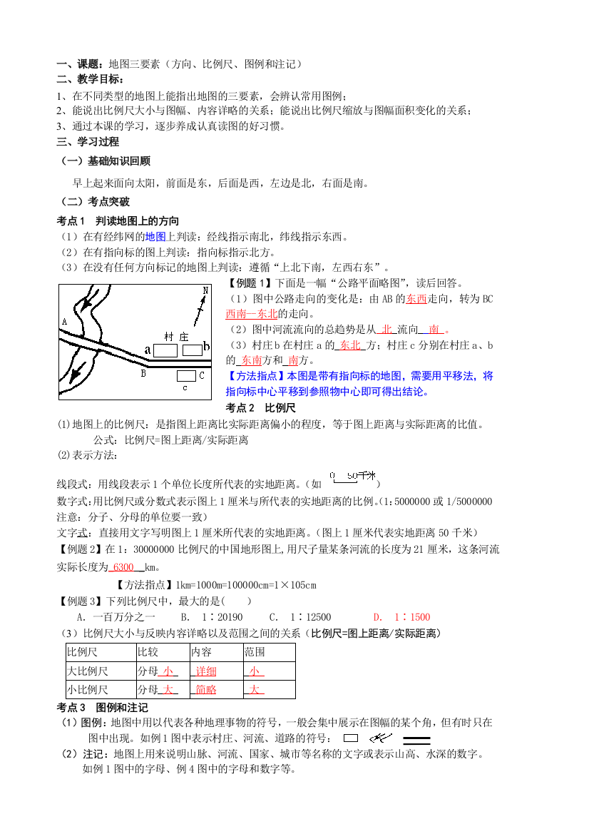 一、课题：地图三要素（方向、比例尺、图例和注记）