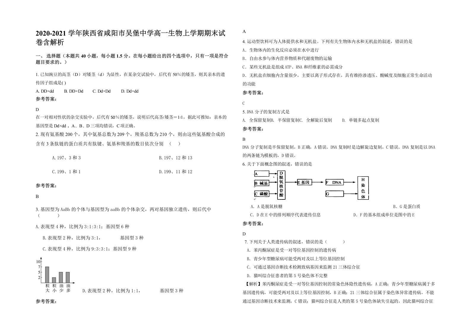 2020-2021学年陕西省咸阳市吴堡中学高一生物上学期期末试卷含解析