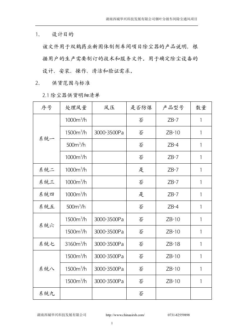 西城华兴某药业新固体制剂车间项目除尘器技术文件