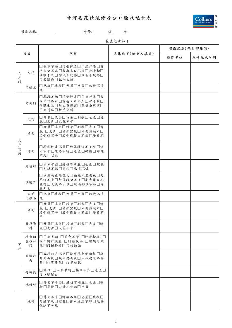 精装修房分户验收记录表