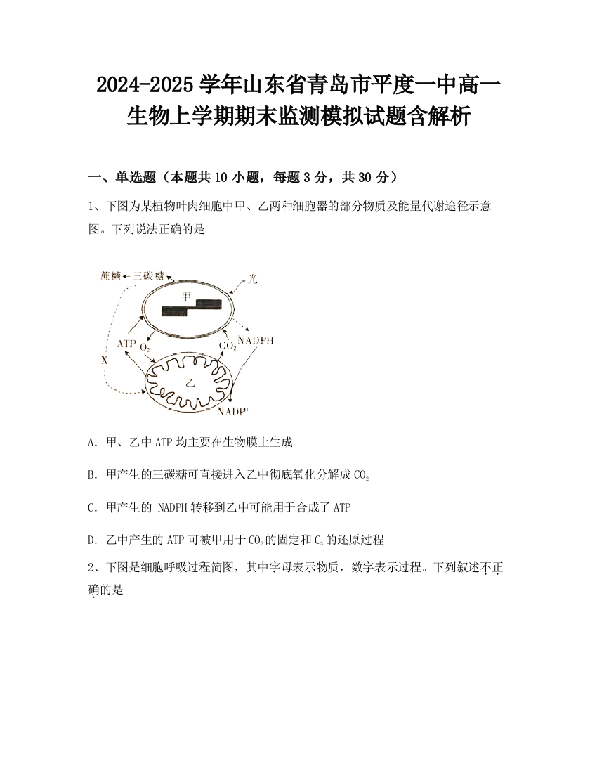 2024-2025学年山东省青岛市平度一中高一生物上学期期末监测模拟试题含解析