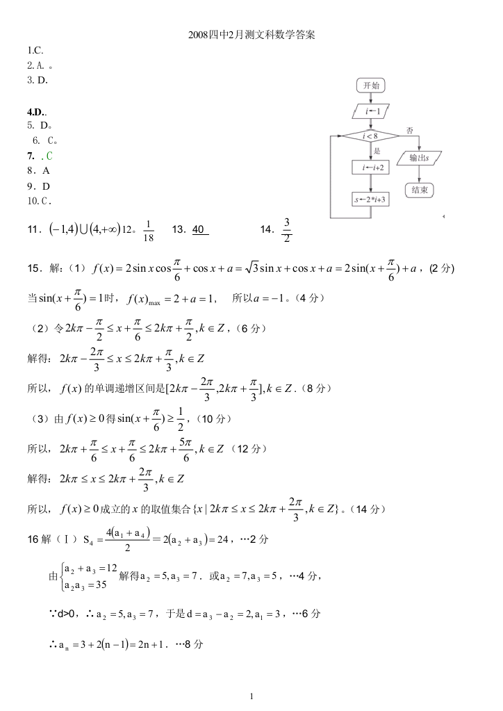 2008年广东省电白县第四中学高三级2月测数学试卷（文科）答案