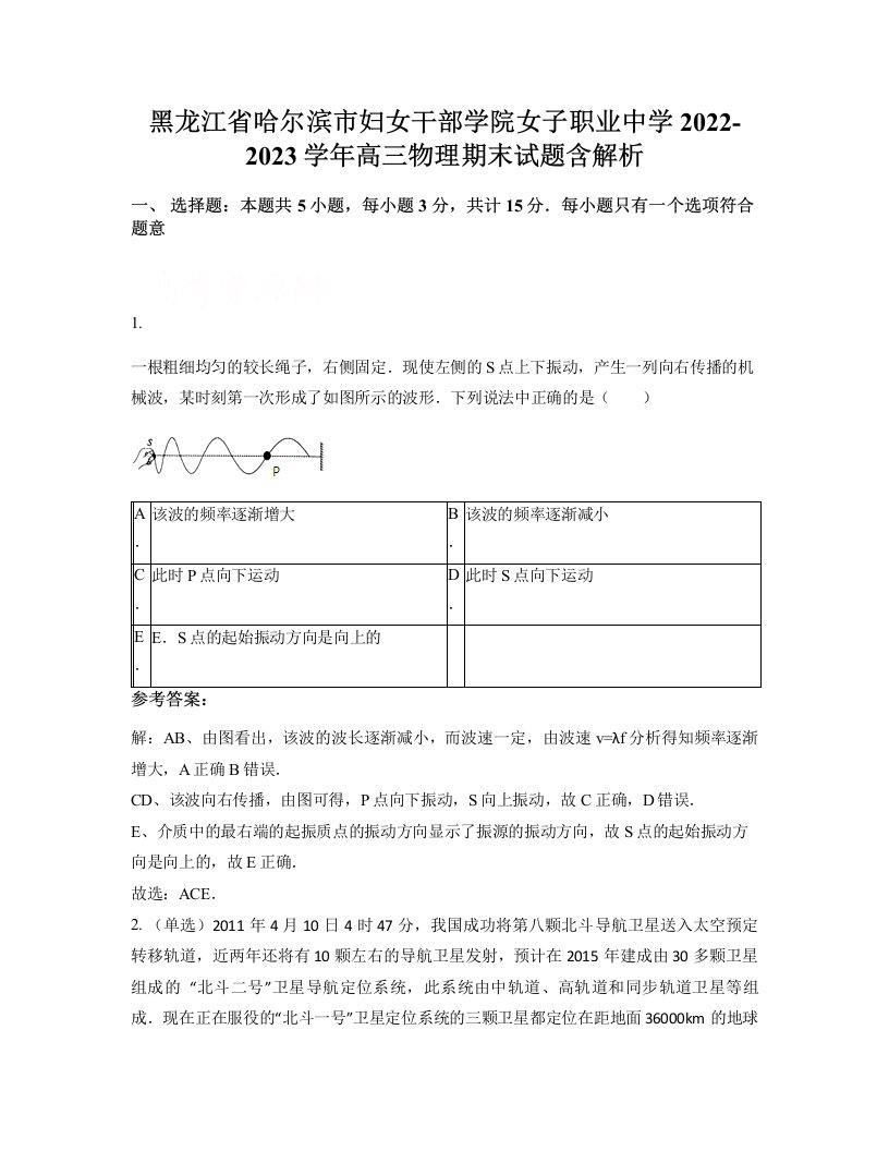 黑龙江省哈尔滨市妇女干部学院女子职业中学2022-2023学年高三物理期末试题含解析