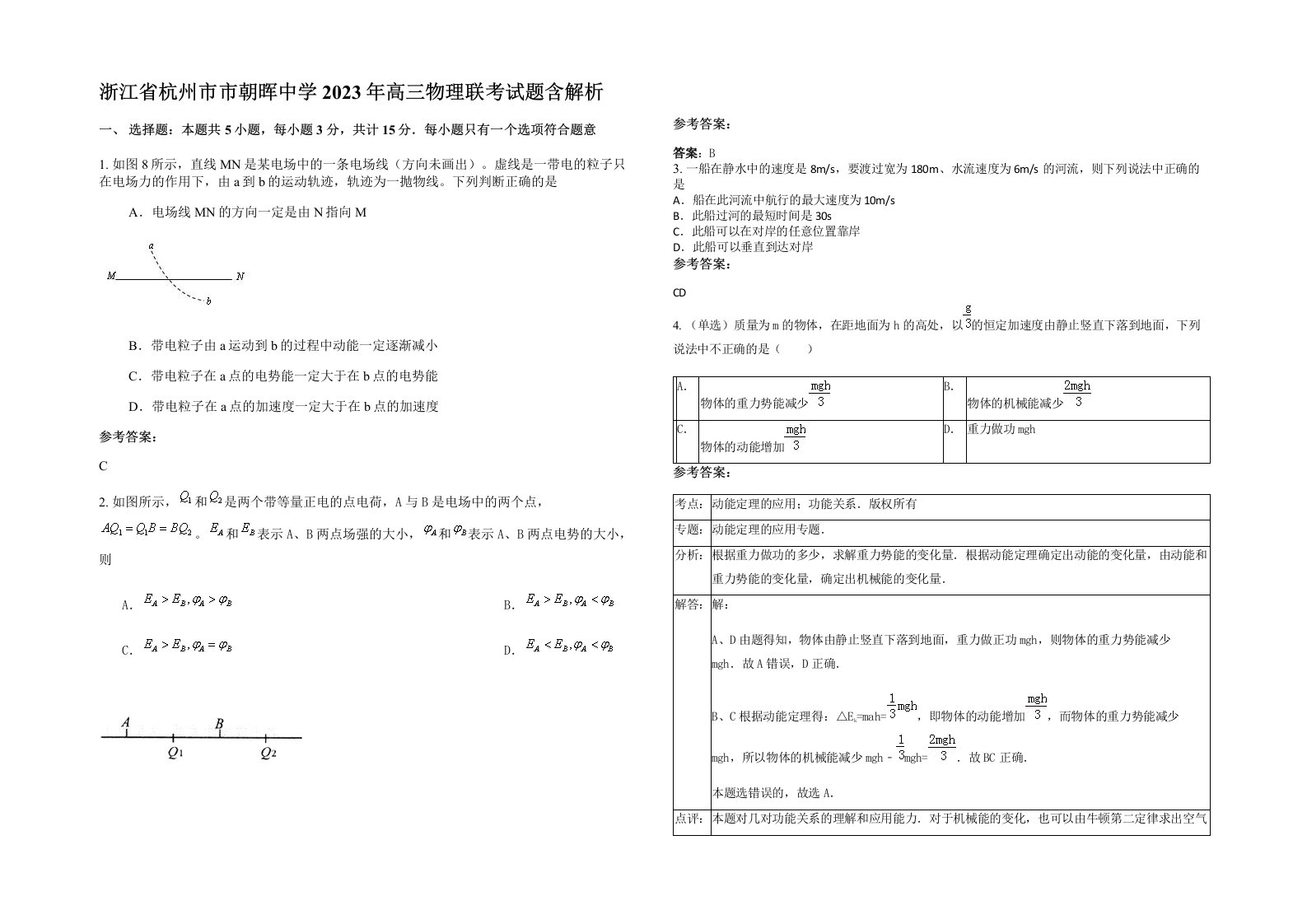 浙江省杭州市市朝晖中学2023年高三物理联考试题含解析