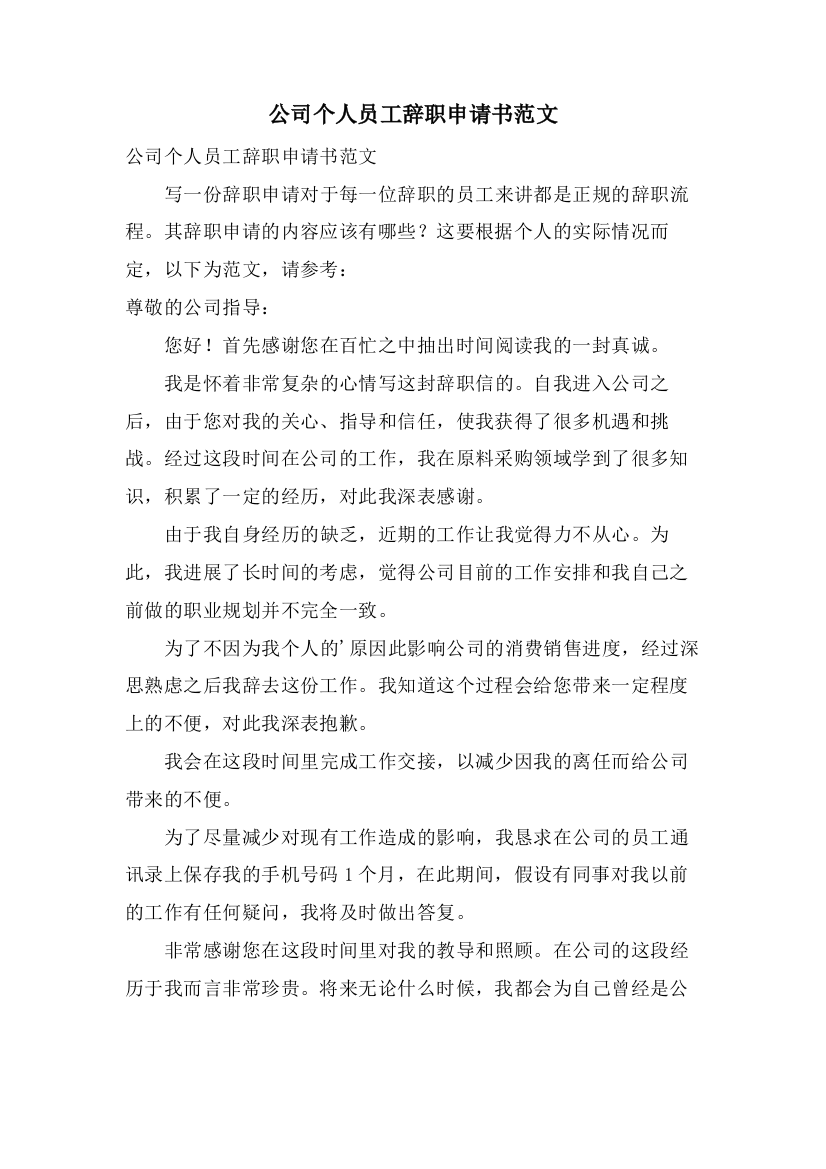 公司个人员工辞职申请书范文