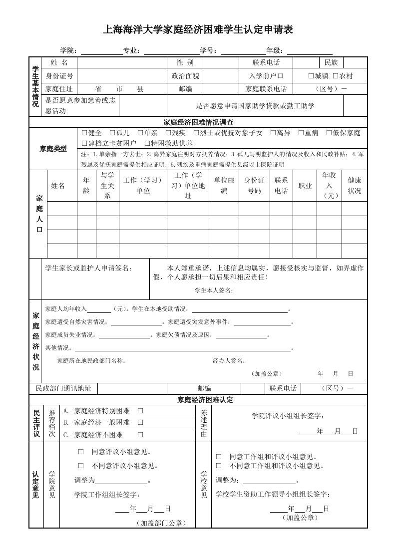 上海海洋大学家庭经济困难学生认定申请表