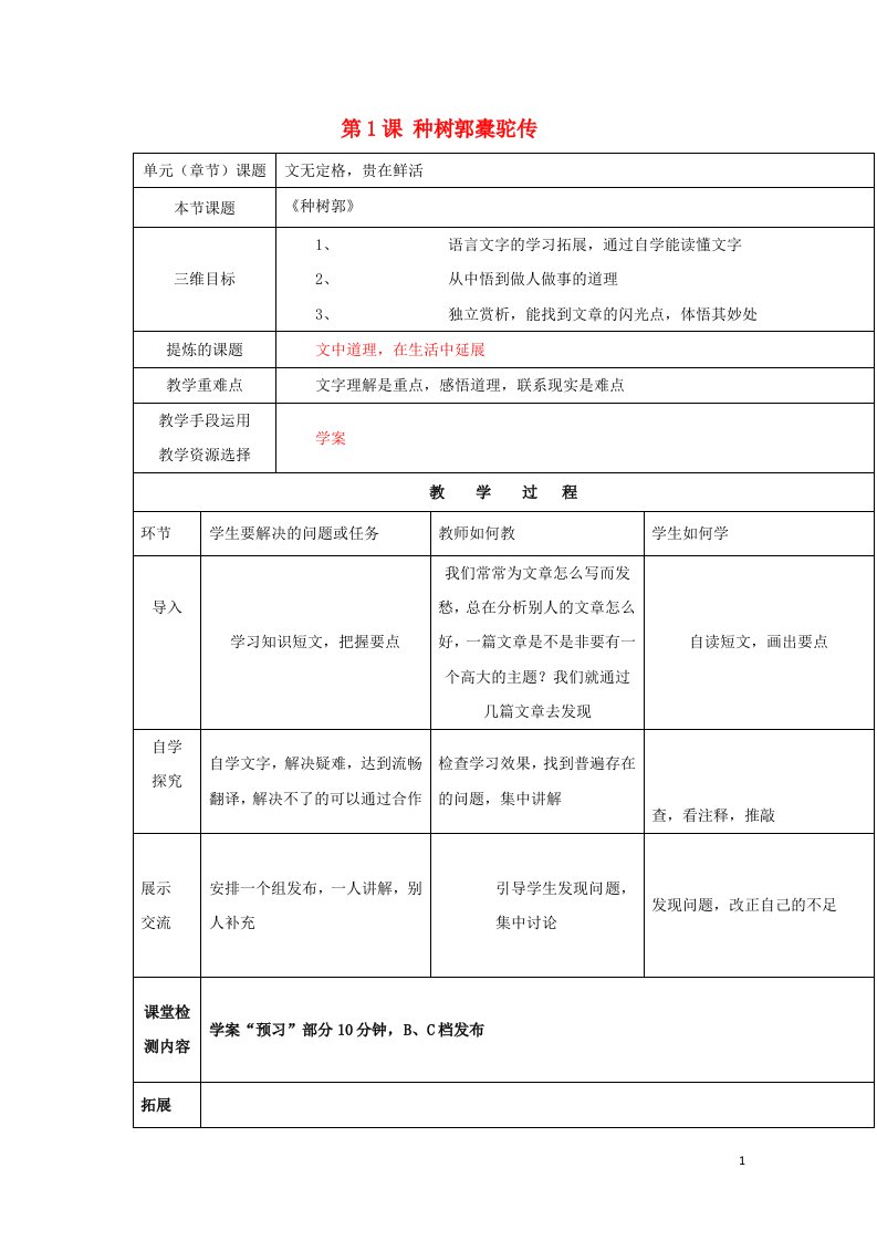 陕西省安康市石泉县高中语文第六单元文无定格贵在鲜活第1课种树郭橐驼传教案1新人教版选修中国古代诗歌散文鉴赏