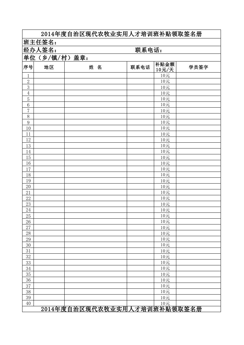 补贴领取签名册(纸质版、电子版)